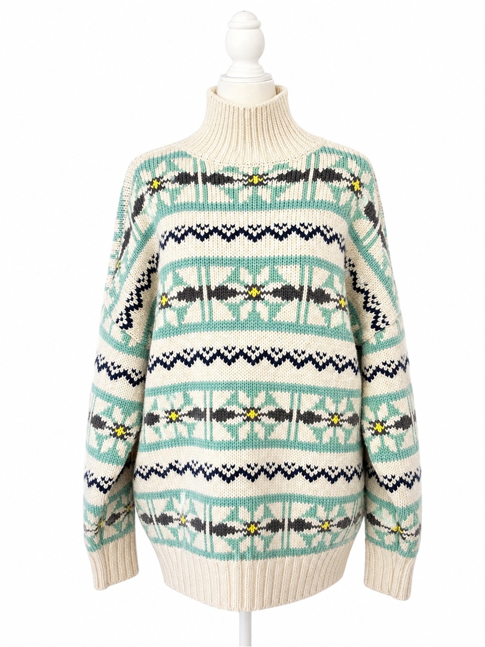 American Eagle Fair Isle Oversized Sweater Cream Blue XS Nordic Cozy Pullover